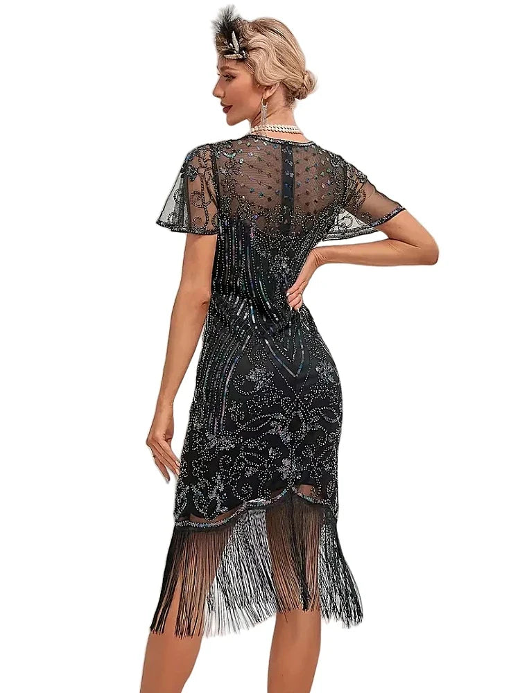 Flapper Dresses 1920s Gatsby Roaring 20s Sequin Beaded Fringe Dress Crew Neck See-through Themed Party Club Dress
