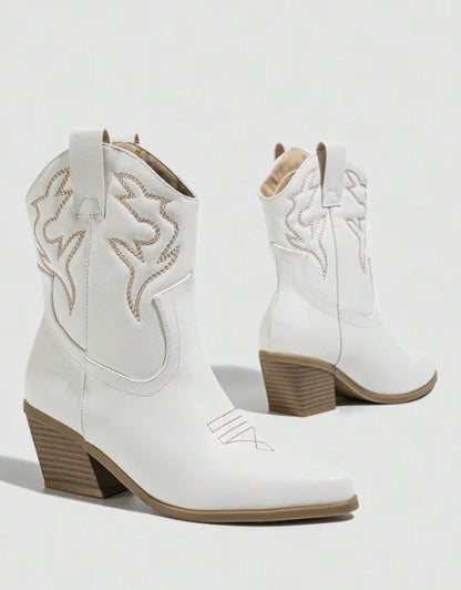 Aneikeh Autumn Winter Vintage Embroidered Large Western Cowboy Boots New Style Coarse Heel Pointed Ankle Barrel Knight Boots