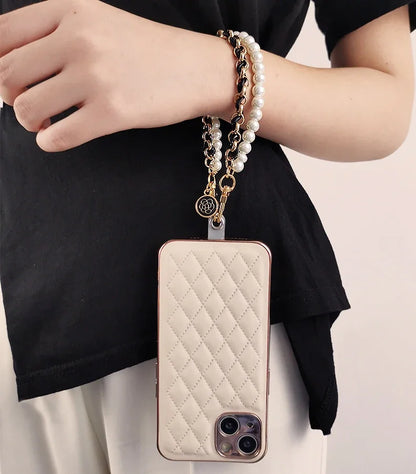 26cm Leather Pearl Camellia Mobile Phone Charm Bracelet Chain Anti-lost Universal Cell Phone Strap Rope Pendant Metal Key Chain