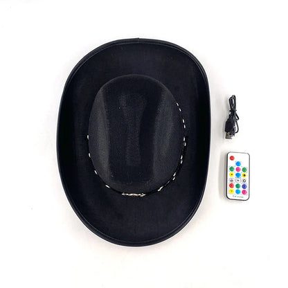 Chapeau de cowboy LED télécommandé pour femmes et hommes, chapeaux de cow-girl occidentaux, robe de l'ouest, vêtements de sauna scintillants pour Halloween, casquette unisexe, mode