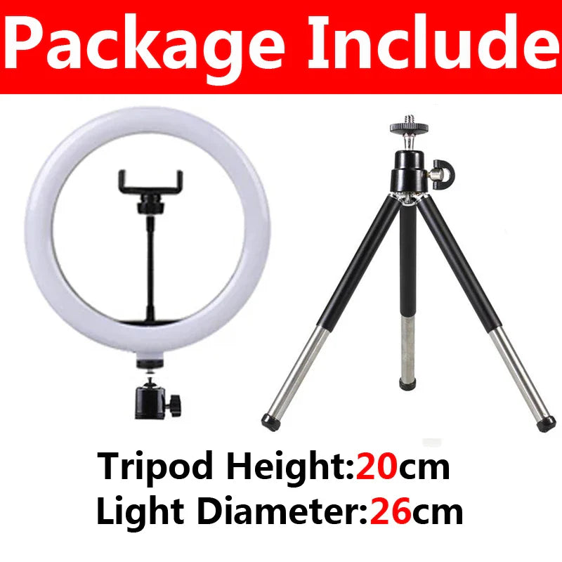 Lumière vidéo 26cm Selfie LED anneau lumineux réglable anneau rond lampe de remplissage avec support trépieds jante de lumière pour Tiktok maquillage Ringlight