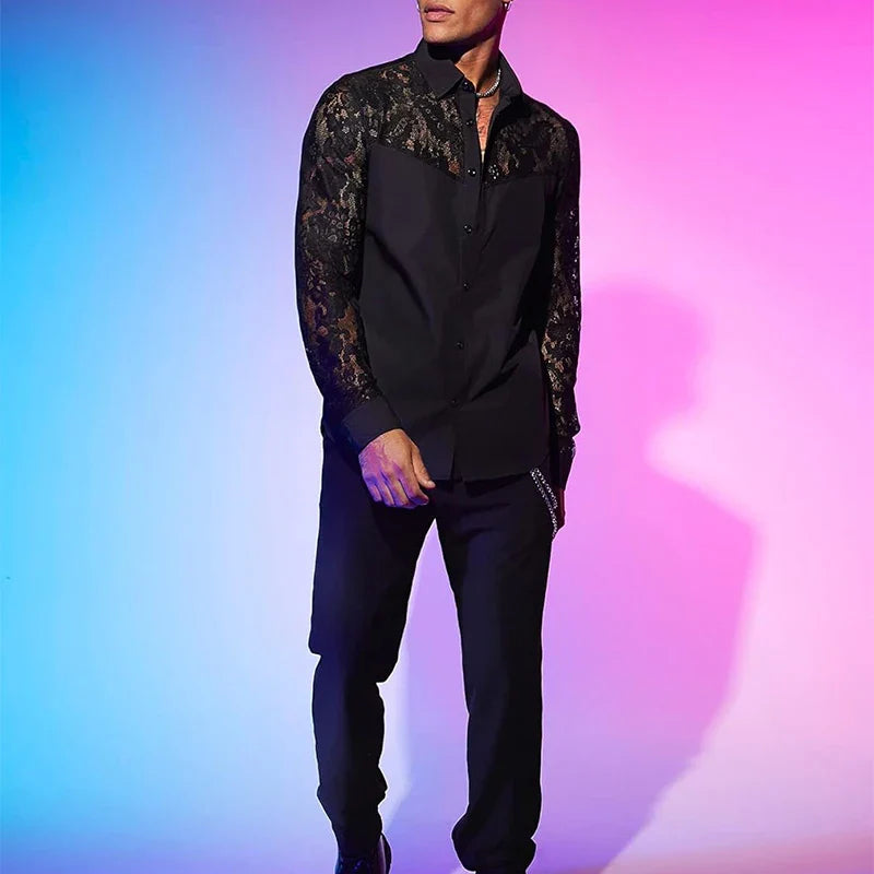 Chemise en dentelle brodée à manches longues pour hommes, cardigans à revers boutonnés, chemises transparentes sexy, mode printemps et automne