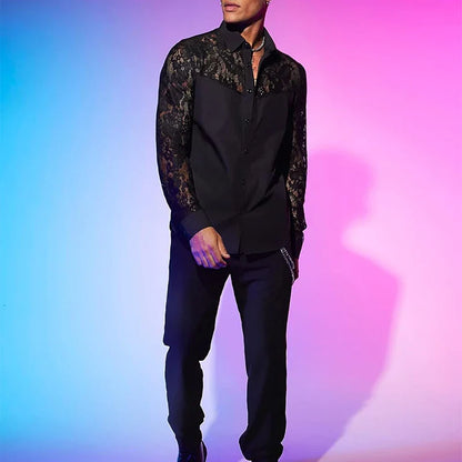 Chemise en dentelle brodée à manches longues pour hommes, cardigans à revers boutonnés, chemises transparentes sexy, mode printemps et automne