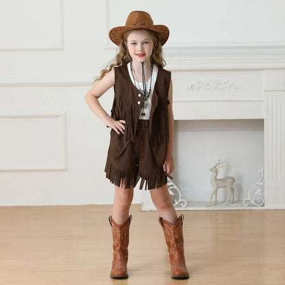 Costume de Cowboy pour filles, gilet à franges, Style bohème rétro, short en Denim occidental en velours pour filles, Costume Hippie