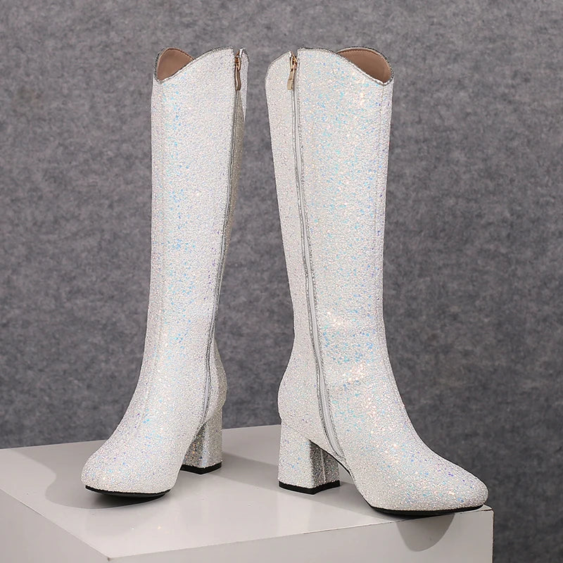 Bottes Hautes Scintillantes pour Femme, Ajustement Confortable, Talons 6,5 cm, Hiver 2024
