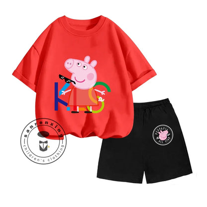 Peppa Pig-themed Animated Cartoon Print Design O-neck Sweet Short Sleeves and Simple Shorts for Boys and Girls Summer Suit