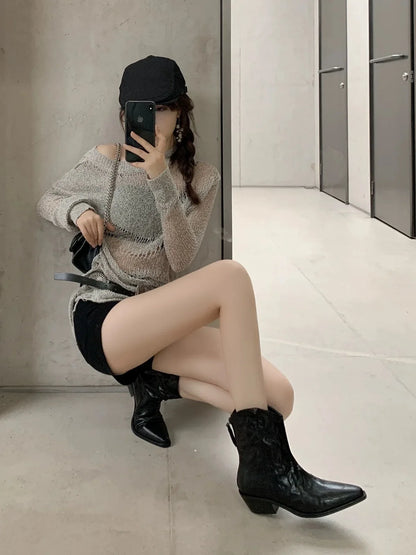 Designer Brand Cowhide Fashion Pointy V-cut Retro Cowboy Boots with Thick Western Ankle Boots for Women Hot Selling