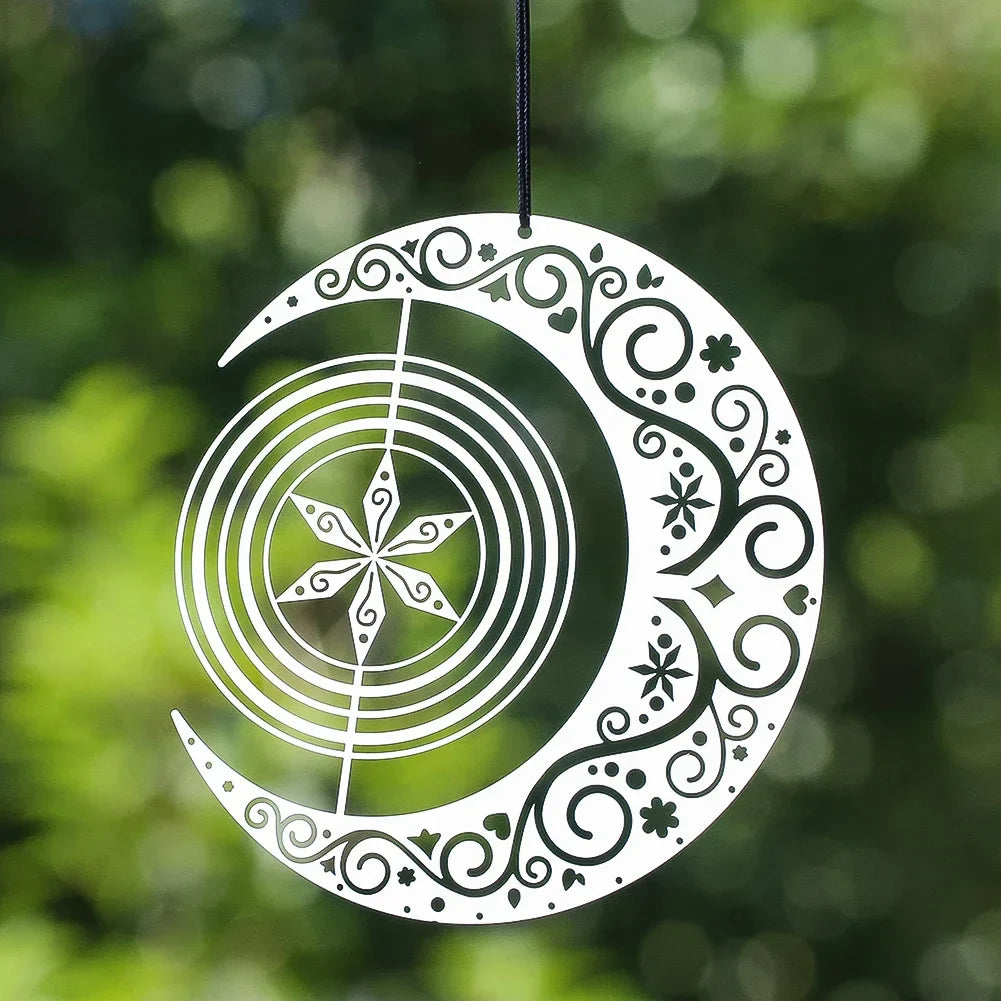 Moon Snowflake Wind Spinner Hanging Stainless Steel 3D Whirligigs Wind Chimes Catcher Yard Garden Christmas Decor Bird Deterrent