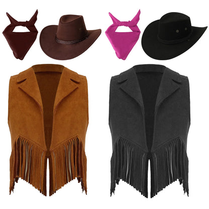 Costume de cosplay Western Cowboy Cowgirl pour enfants, glands en fibre de daim, chapeau glacé, ensemble bandana, habillage de fête à thème Halloween