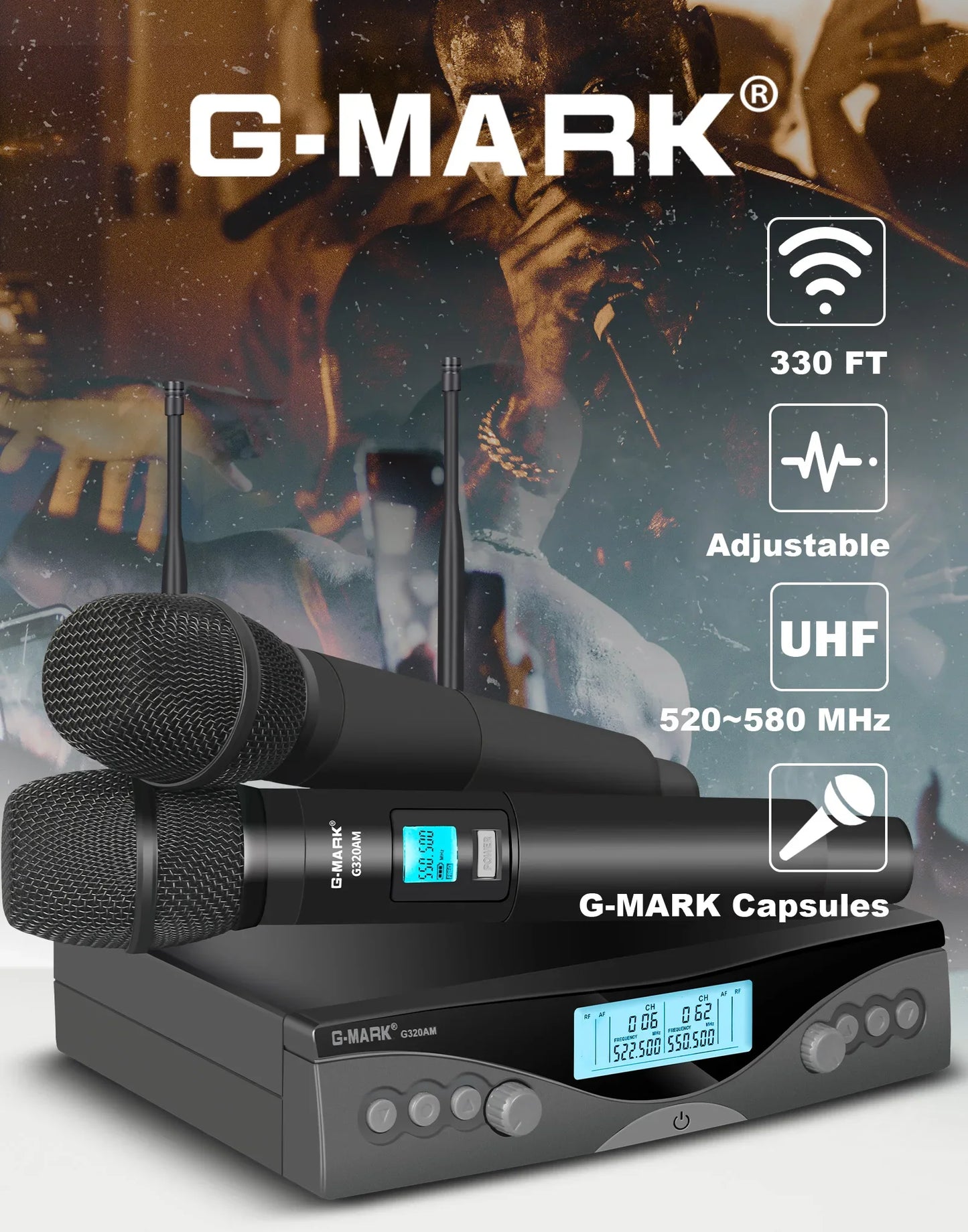 Sans fil Microphone G-MARK G320AM Professionnel UHF 2 Canaux Karaoké Mic De Poche Automatique Fréquence Réglable 100M