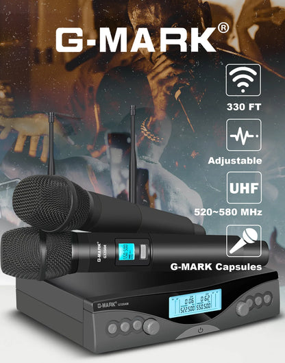 Sans fil Microphone G-MARK G320AM Professionnel UHF 2 Canaux Karaoké Mic De Poche Automatique Fréquence Réglable 100M