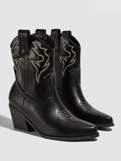 Aneikeh Autumn Winter Vintage Embroidered Large Western Cowboy Boots New Style Coarse Heel Pointed Ankle Barrel Knight Boots