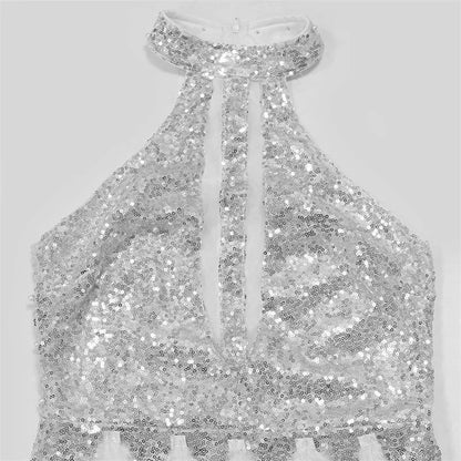 Sexy Glitter Sequins Birthday Dress Women Nightclub Party Halter Backless Feathers Sleeveless Prom Cocktail Short Dresses Robe