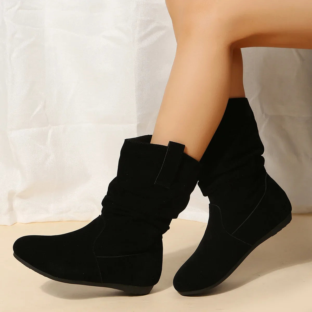 Women Flat Mid-calf Suede Ankle Boots Platform West Cowboy Shoes Round Toe Boot 2025 Autumn Designer Ladies Suede Botas De Mujer