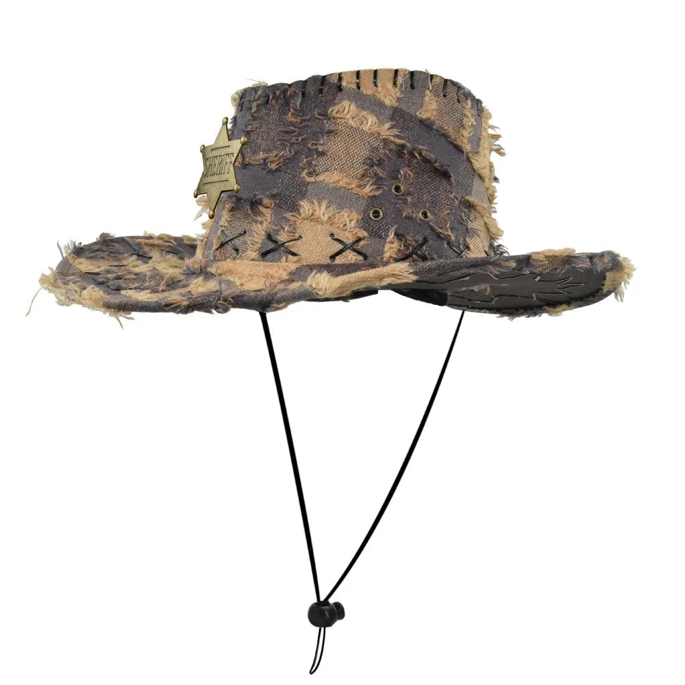 Chapeaux de Cowboy occidentaux rétro SHERIFF, sangle de menton réglable, Protection solaire, voyage, Vintage, plein air, tendance, Streetwear