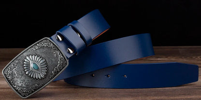 Ceinture classique en cuir véritable avec boucle émail saphir et motif floral sculpté en argent pour femmes et hommes, cadeau