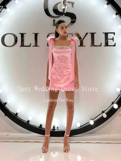 Qanz Luxury Crystal Dresses 2024 Women Short Prom Dress Bow Straps Pink Lace Up Back Robes De Cocktail Party Gowns Customized