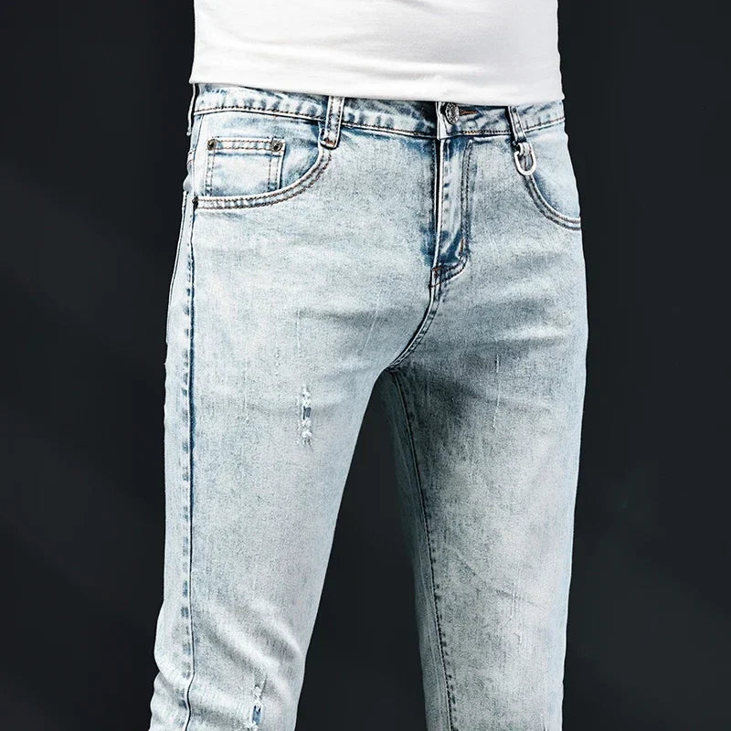 2024 New Skinny Jeans Men Vintage Fashion Snowflake Washed Classic Slim Skinny Elastic Male Casual Denim Trousers