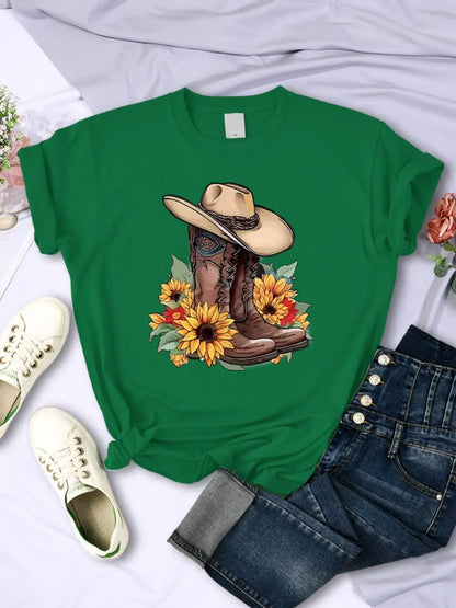 T-shirt femme motif cow-boy et bottes de l'Ouest, manches courtes décontracté et à la mode, col rond, coupe ample, vêtement de ville quotidien