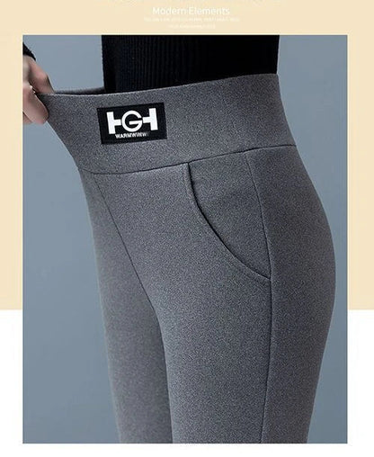 Leggings en laine d'agneau femmes taille haute Leggings chauds en plein air marche pantalons décontractés extensible maigre avec poche Leggings élégants