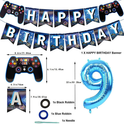 Blue Game Number 12 Birthday Theme Party Decoration Set Number Balloon Pull Flag Set
