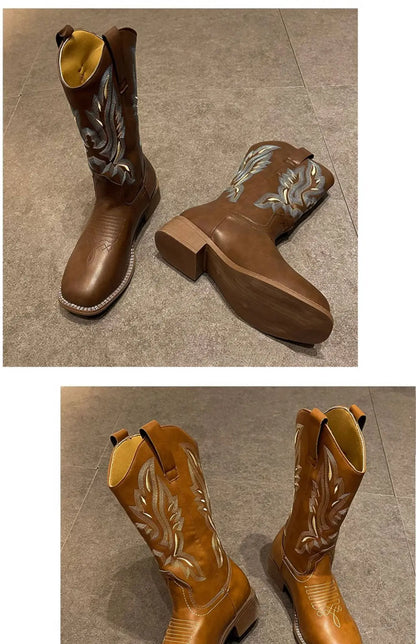 Versatile Western Cowboy Boots Summer Coarse Heel Embroidered Sleeve Knight Boots Mid Barrel Square Head Horseshoe Large