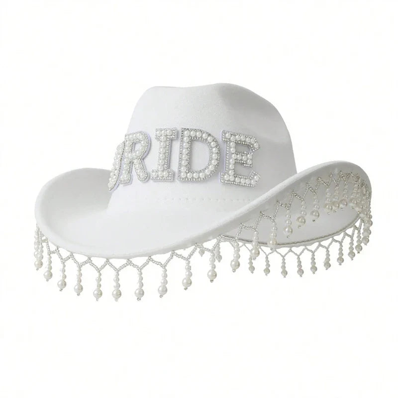 Cowgirl Hat for Bride Elegant Fringed Bead Hat Masquerade Party Letter Bride Hat Dropshipping