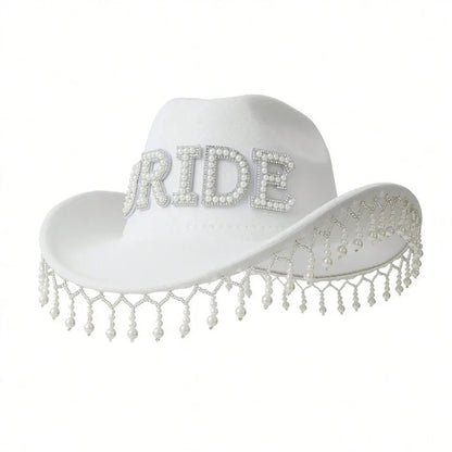Cowgirl Hat for Bride Elegant Fringed Bead Hat Masquerade Party Letter Bride Hat Dropshipping