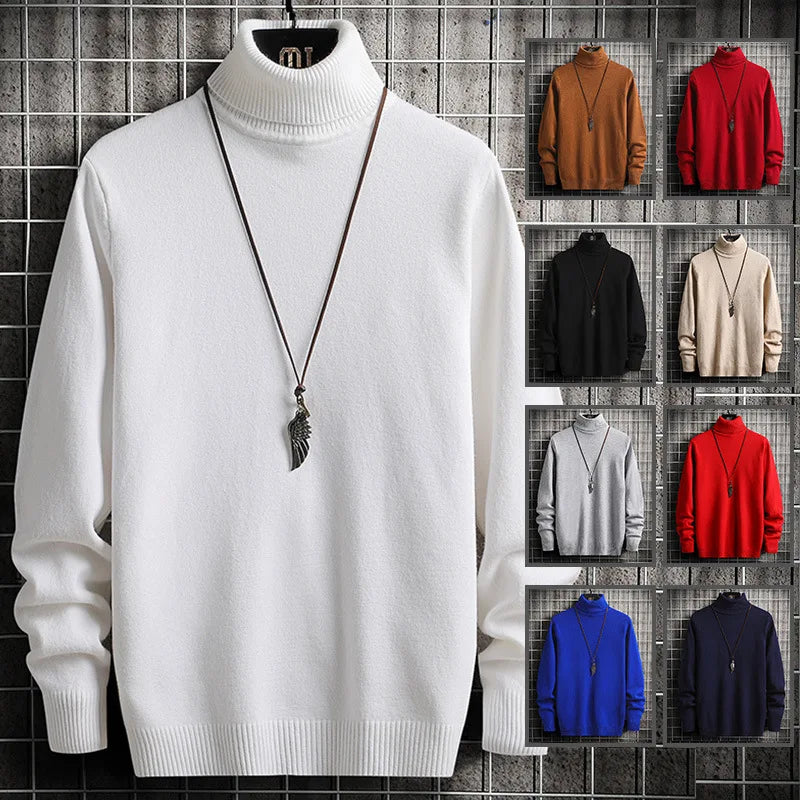 Pulls Hommes Chandails Tricotés Col Roulé Couleur Unie Épaisse Décontractée Manches Longues Haut Tricoté Épissé Pull Coupe Slim Automne Hiver