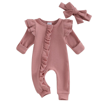 FOCUSNORM 0-12M Autumn Infant Baby Girls Boys Jumpsuit 2pcs Solid Color Round Neck Ruffles Long Flying Sleeve Zipper Jumpsuits