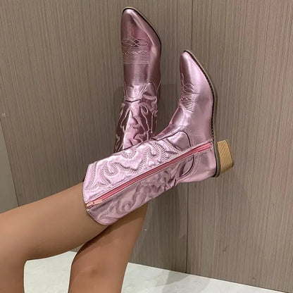 Bottes de cowboy western pour femmes, chaussures roses brillantes métalliques brodées à bout pointu et à talons aiguilles