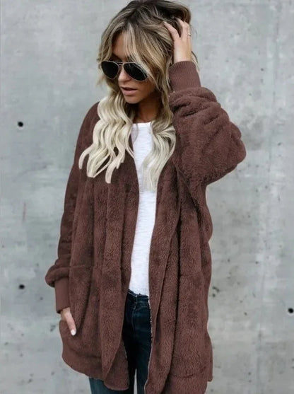 Winter Double Fleece Cardigan Jacket Autumn Women Solid Color Long Sleeve Plush Warm Hooded Lady Jacket Oversized Outerwear Coat