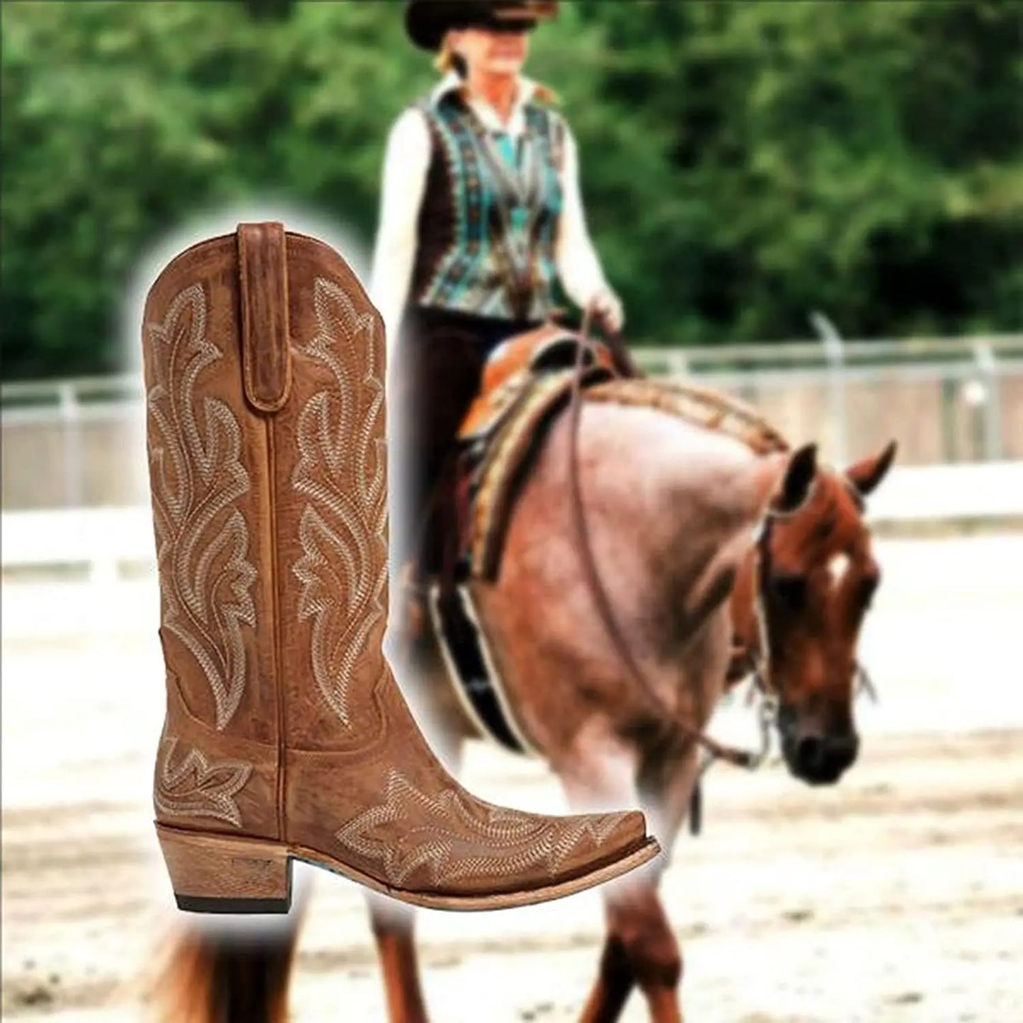 Embroidery Cowboy Boots For Women Knee High Med Calf Vintage Western Cowgirl Boots Women Heeled Casual Shoes Autumn Block Heel