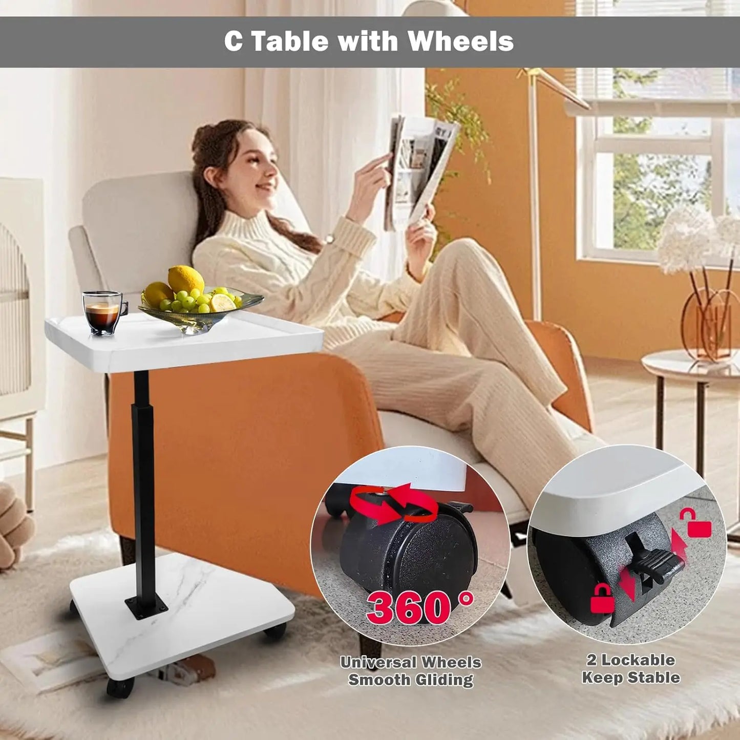 Chariot roulant réglable, Table de chevet, bureau pour ordinateur portable, lit médical pour la maison, plateau alimentaire 360 °   Bureau à domicile de table de plateau de canapé rotatif