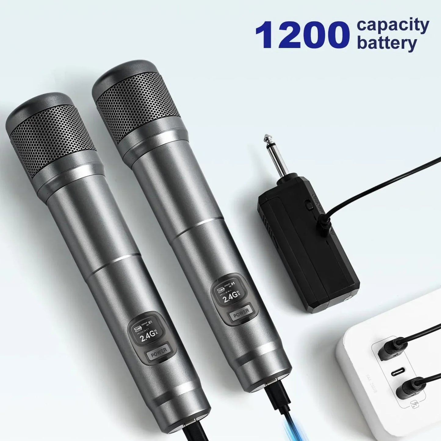 Wireless Microphone Handheld Microphones 2 Channels Karaoke Microphones 2.4G Rechargeable Mic for Live KTV Wedding Party