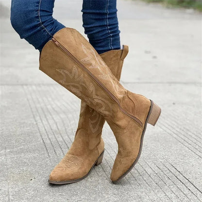 Bottes de Cowboy occidentales brodées pour femmes, bout pointu, talon épais, bottes hautes aux genoux, amples, en cuir PU, longues, automne