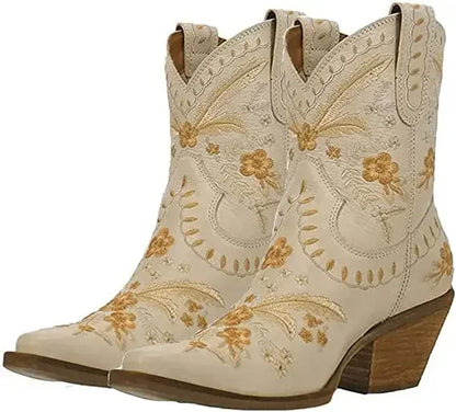 New 2025 Embroidered Western Boots For Women Ankle Bootie Cowboy Cowgirls Flower Print Fashion Chunke Heel Slip On Ankle Boots