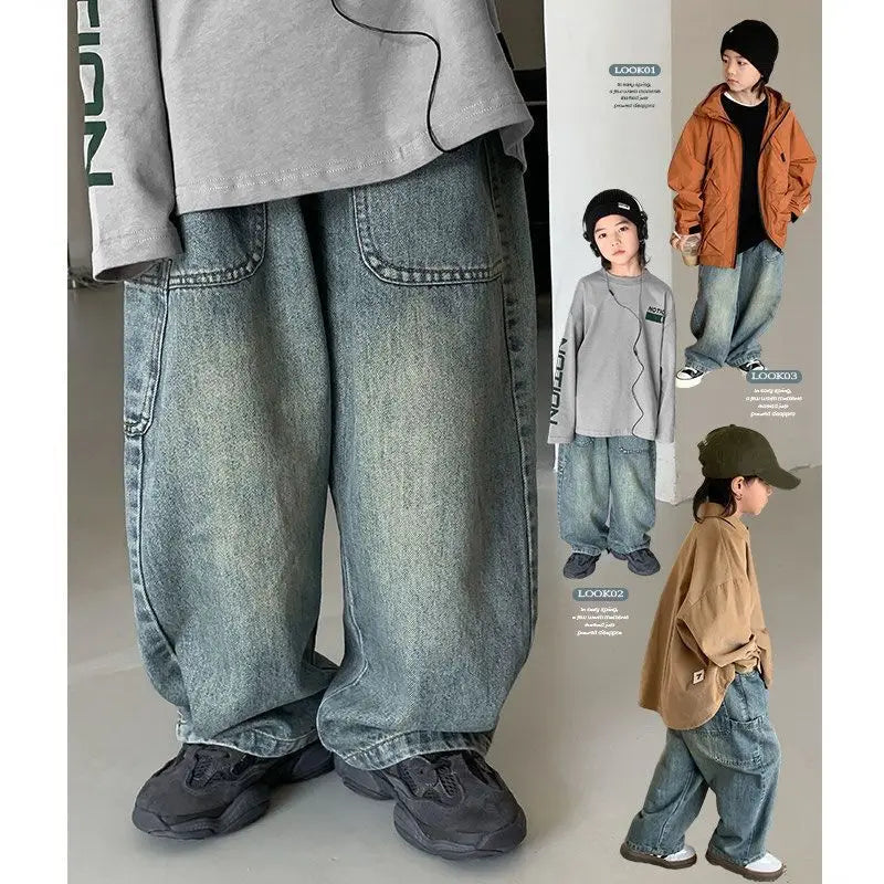Korean Children's Denim Overalls Spring Autumn Casual Jeans Wide Denim Pants Wide Leg Jeans for Kids Loose Streetwear Trouser