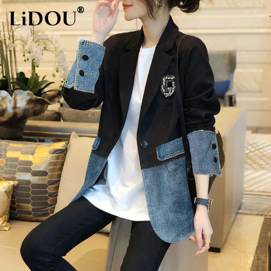 Autumn Winter Casual Fashion Denim Patchwork Blazers Ladies Harajuku Y2K Embroidery All-match Coat Women's Jacket Outwear Top