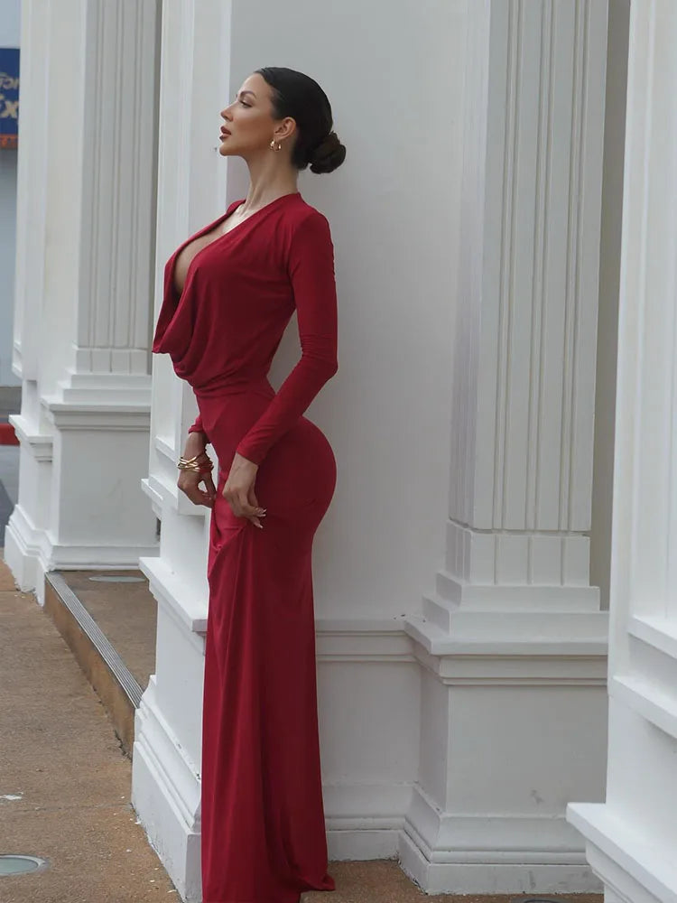Robes de soirée longues à manches pour femmes, col en V profond, moulantes, hanche ronde, robes féminines, vêtements de soirée sexy, unies, tendance