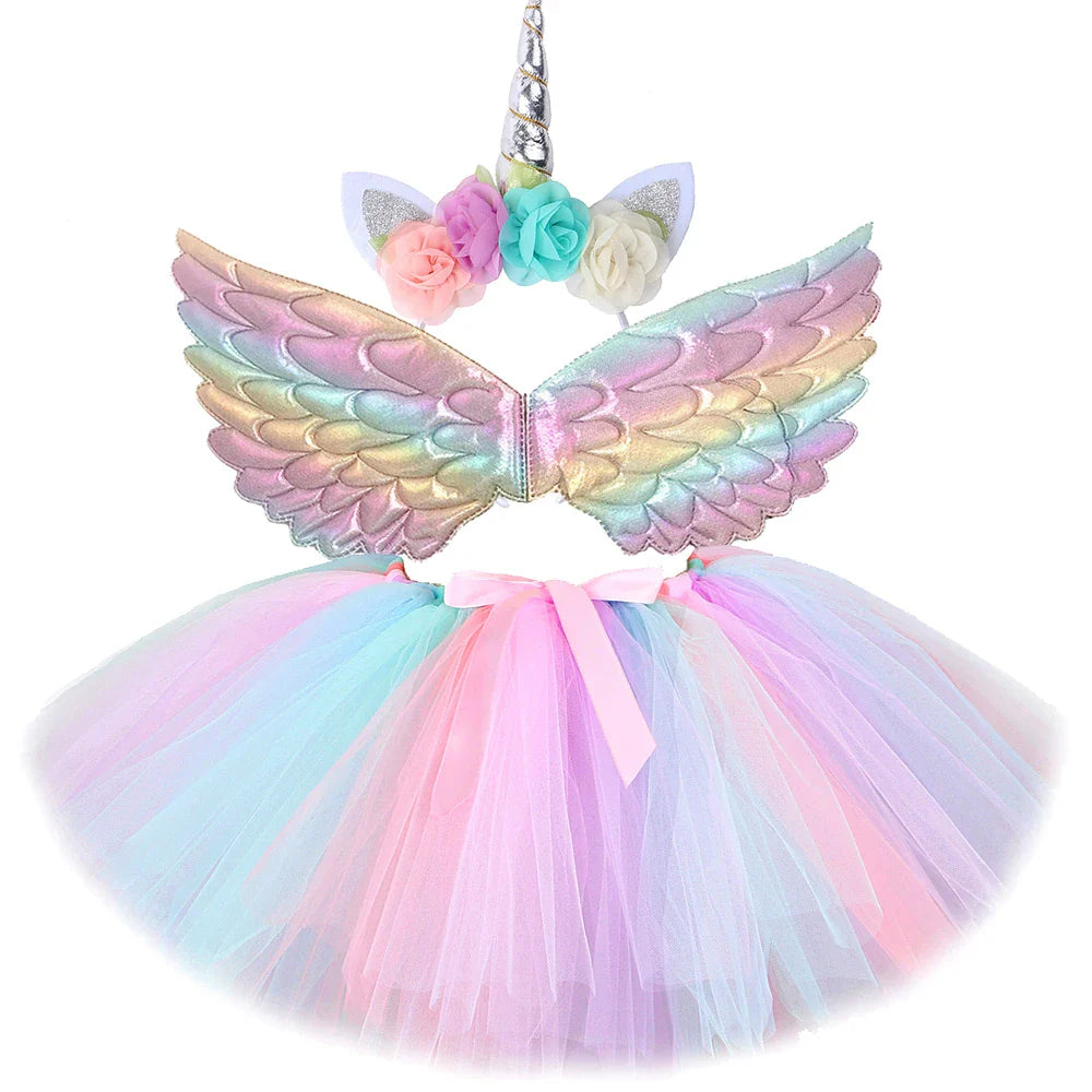 Tenue Jupe Tutu Licorne Bébé Filles pour Fête d'Anniversaire Enfants Jupes en Tulle Ensemble Costumes Noël Halloween avec Ailes