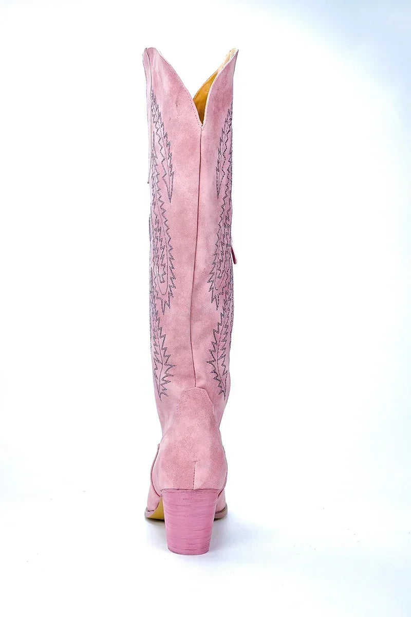 Women Fashion Boots Spring Low Heel Women Shoes Cool British Embroidered Design Soft Short Boots Party Knee High Boots Pink 2024