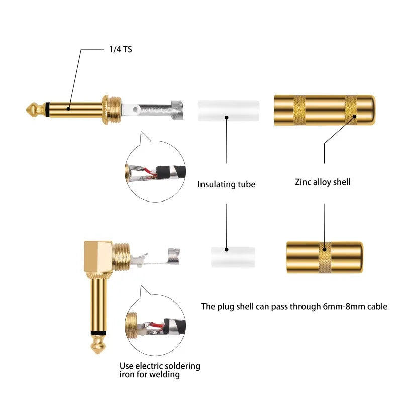 2 pièces 6.35mm fiches connecteurs à souder bricolage tête droite/coude Type de soudure fiches pour la terminaison de câble sonore d'instrument