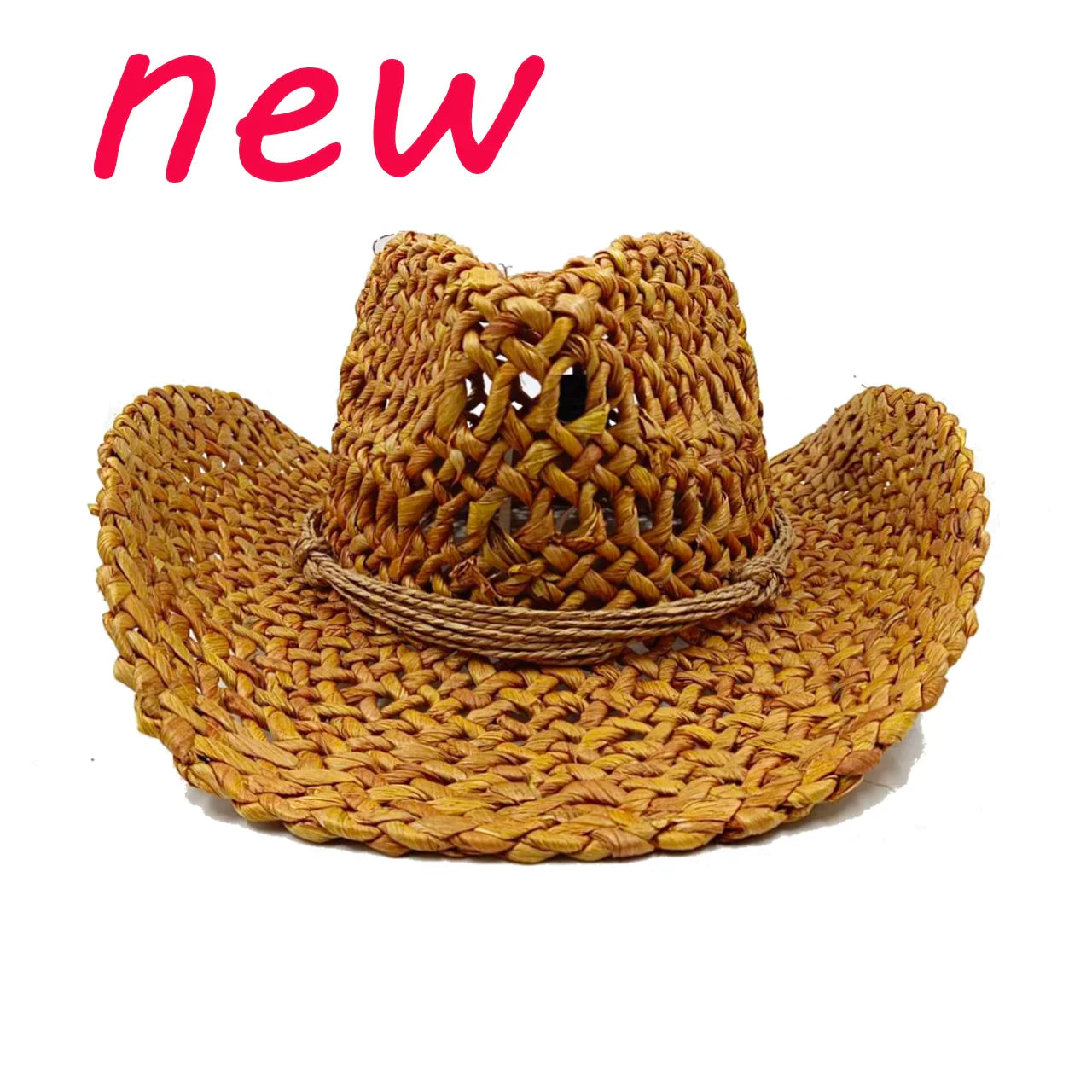 Chapeau de paille de cowboy vert matcha, tissé à la main, creux, pour hommes et femmes, chapeau de soleil d'été, chapeau de paille de cowboy occidental