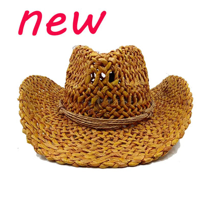 Chapeau de paille de cowboy vert matcha, tissé à la main, creux, pour hommes et femmes, chapeau de soleil d'été, chapeau de paille de cowboy occidental