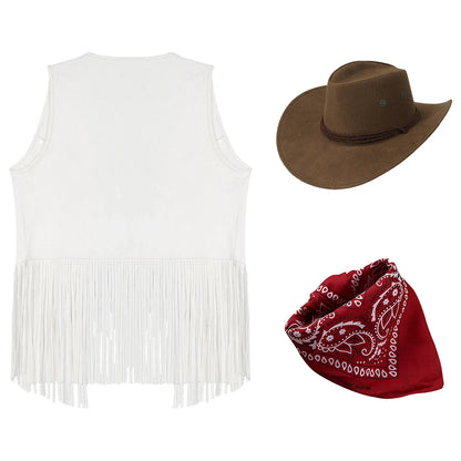 Women Cowboy Vest Halloween Party Western Cowgirl Cosplay Costume Faux Suede Tassel Fashion Rivets Waistcoat with Bandanna Hat