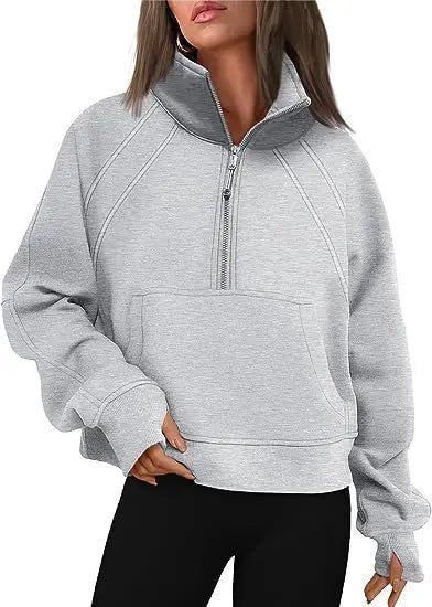 Sweat-shirt à col montant pour femme, sweat à capuche pour document solide, manches longues, poche adt, demi-fermeture éclair, pull sportif, haut streetwear, printemps, automne