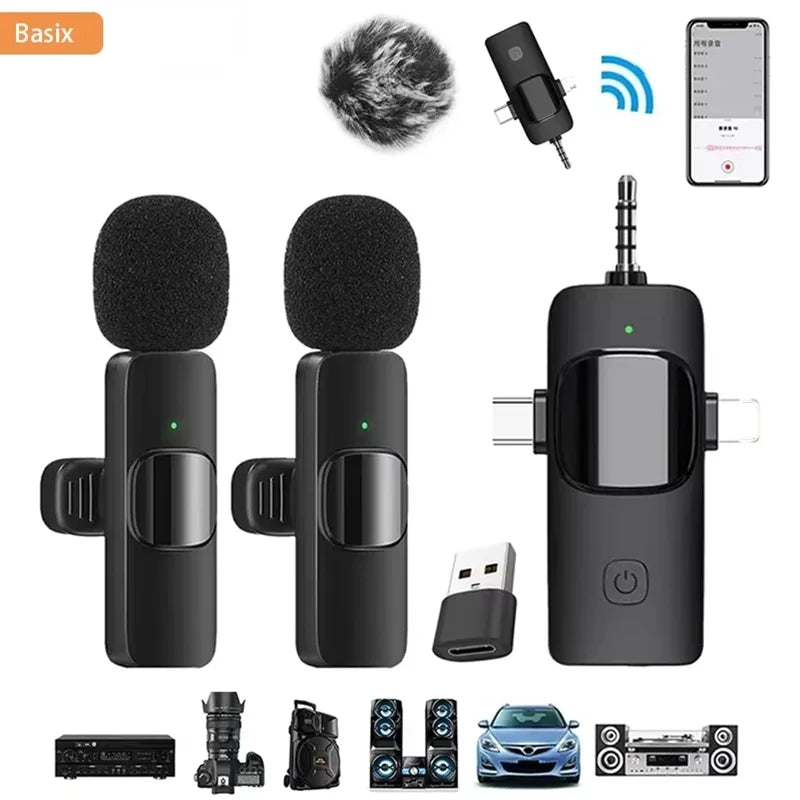Basix Microphone cravate sans fil professionnel 4 en 1 pour iPhone Android 3,5 mm pour enregistrement en direct, suppression du bruit, mini microphone