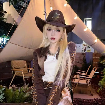 Western Wild West Sheriff Hat With Five Star Party Costume For Men Lady Jazz Cowgirl Wide Cowboy Hat Unique Star Badge Decors