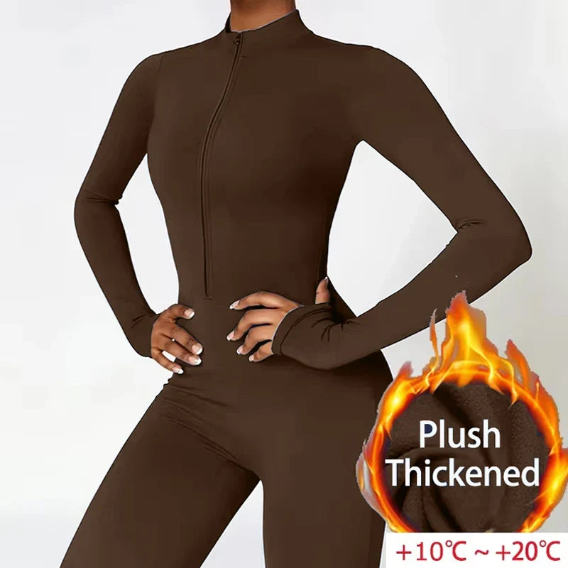 Combinaisons de sport chaudes en peluche pour femmes, survêtement une pièce, Fitness, ensembles de gymnastique d'hiver, manches longues, body d'exercice noir pour femme